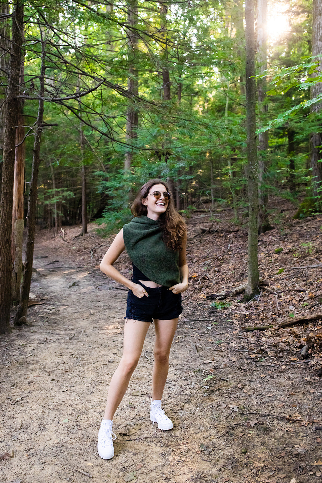 Forest moss out in the woods paired with shorts, tank top and a pair of sunglasses!