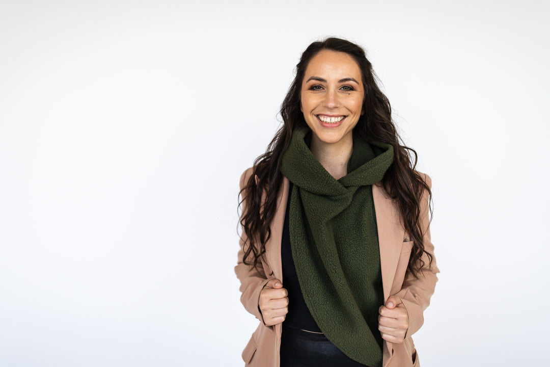 Forest moss styled dressy / business casual under an oversized beige blazer and Spanx faux leather leggings!